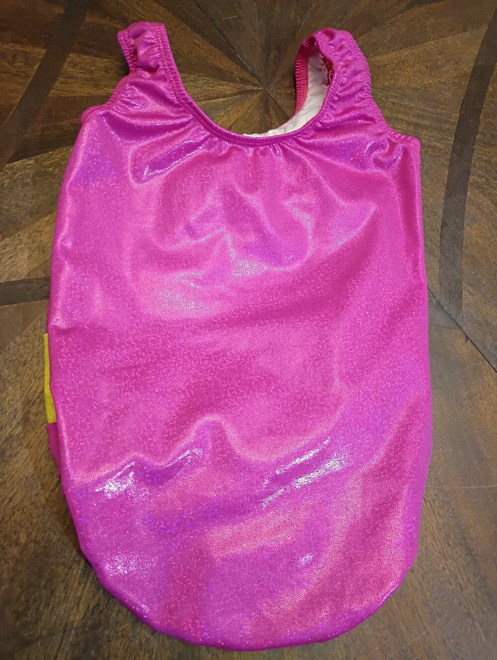 Girls 2T Pink Sparkle Gymnastics Leotard Yellow Metallic Accent Dance Bodysuit - Picture 2 of 3